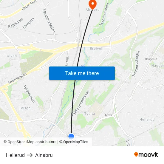 Hellerud to Alnabru map