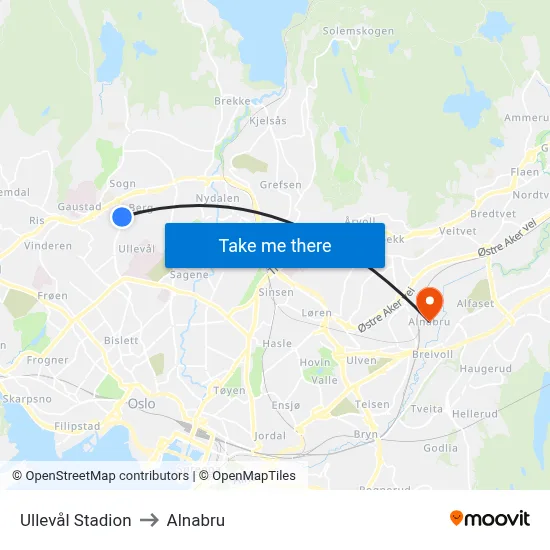 Ullevål Stadion to Alnabru map