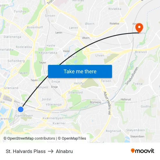 St. Halvards Plass to Alnabru map