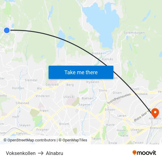 Voksenkollen to Alnabru map