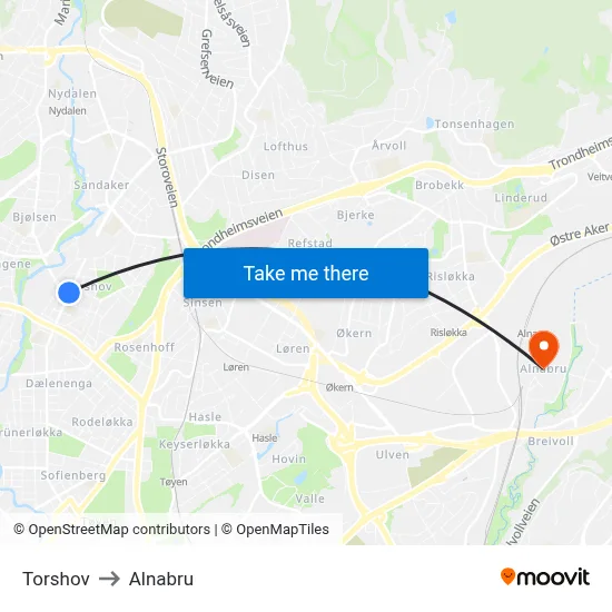 Torshov to Alnabru map