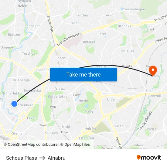 Schous Plass to Alnabru map