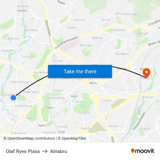 Olaf Ryes Plass to Alnabru map