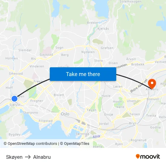 Skøyen to Alnabru map