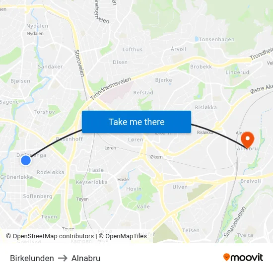 Birkelunden to Alnabru map