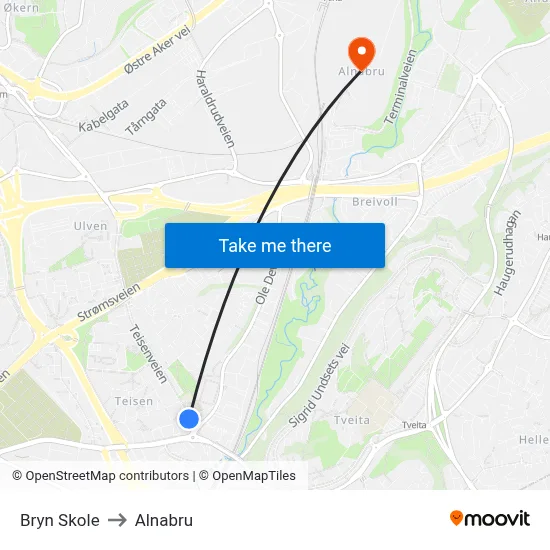 Bryn Skole to Alnabru map