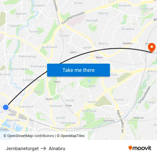 Jernbanetorget to Alnabru map