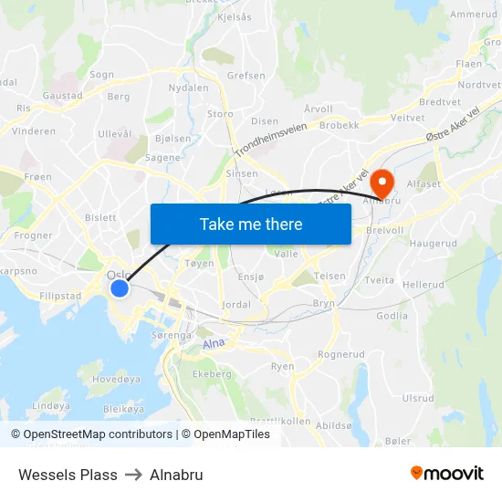 Wessels Plass to Alnabru map