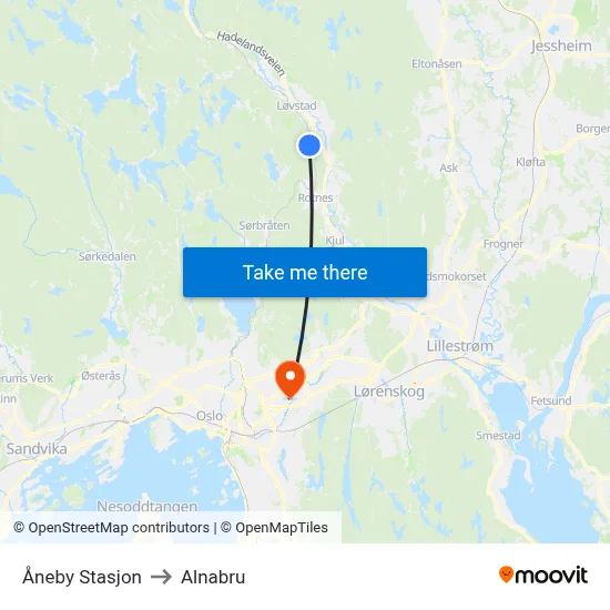 Åneby Stasjon to Alnabru map