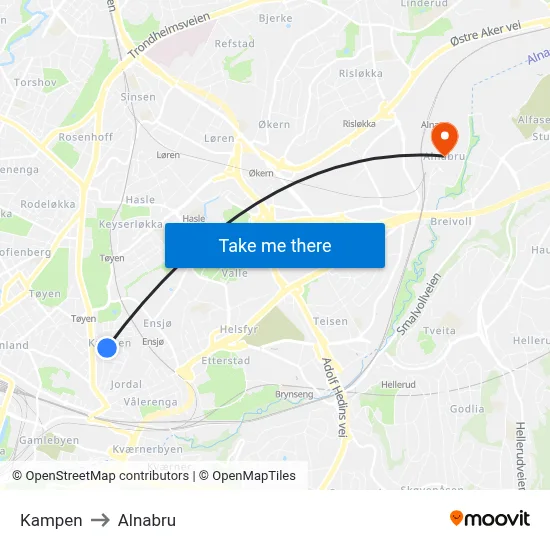 Kampen to Alnabru map