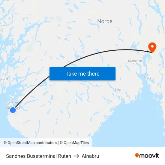 Sandnes Bussterminal Ruten to Alnabru map