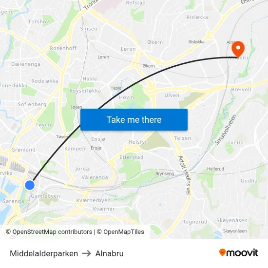 Middelalderparken to Alnabru map