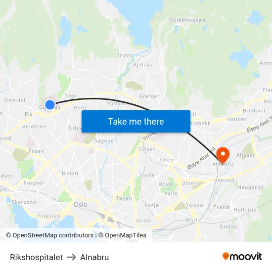 Rikshospitalet to Alnabru map