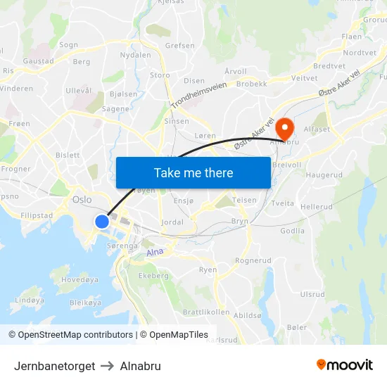 Jernbanetorget to Alnabru map