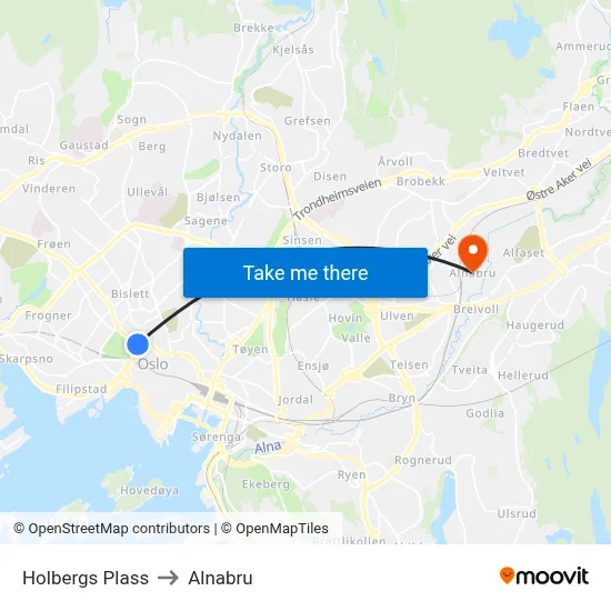 Holbergs Plass to Alnabru map