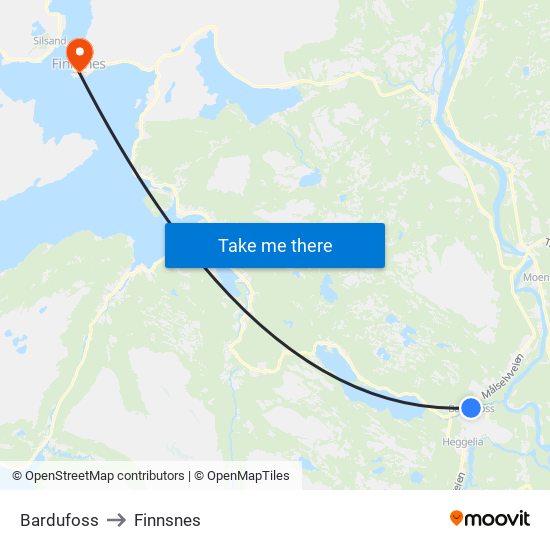 Bardufoss to Finnsnes map