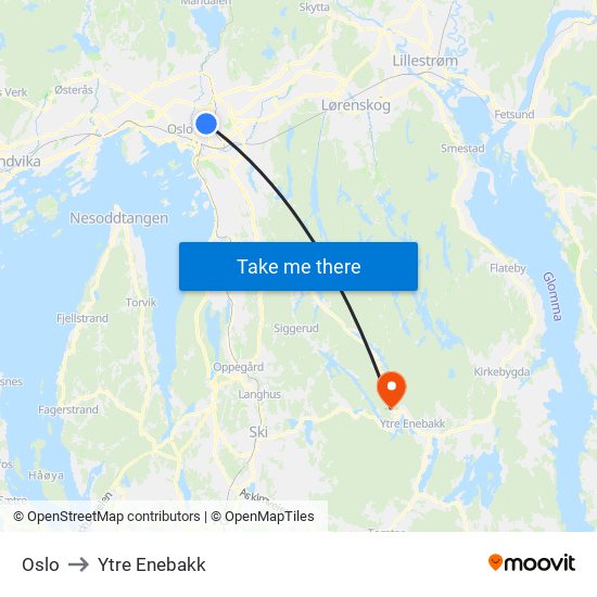 Oslo to Ytre Enebakk map