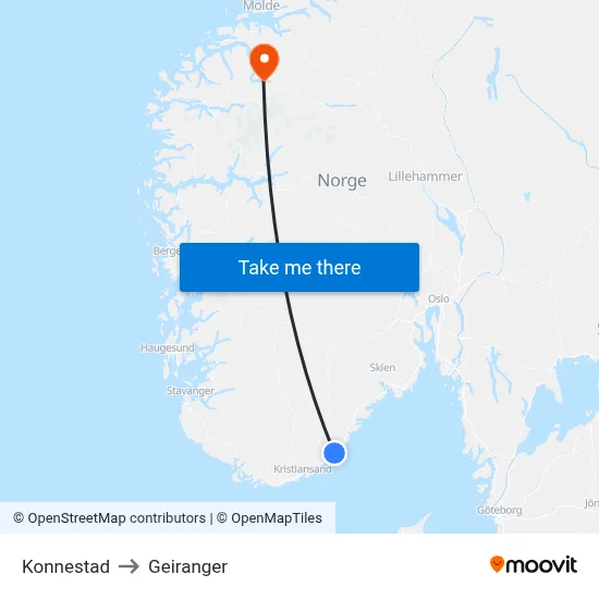 Konnestad to Geiranger map