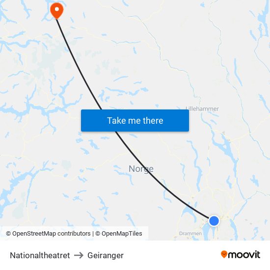 Nationaltheatret to Geiranger map