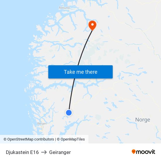 Djukastein E16 to Geiranger map
