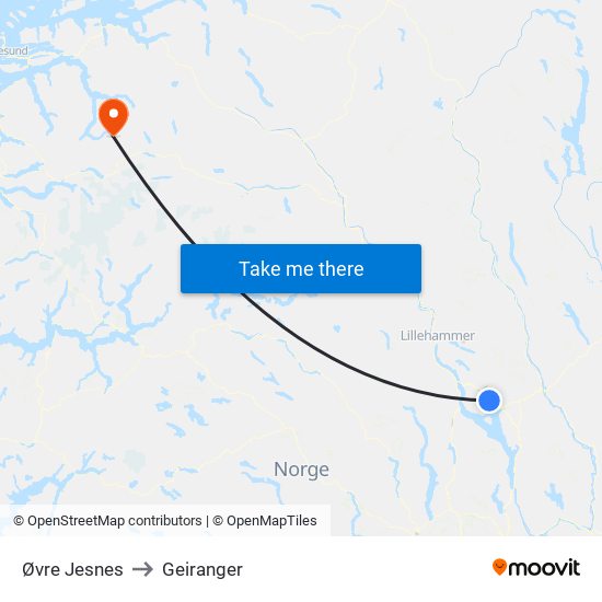 Øvre Jesnes to Geiranger map