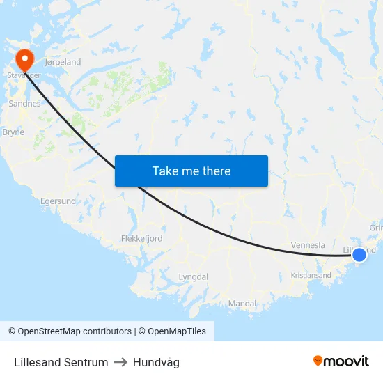 Lillesand Sentrum to Hundvåg map