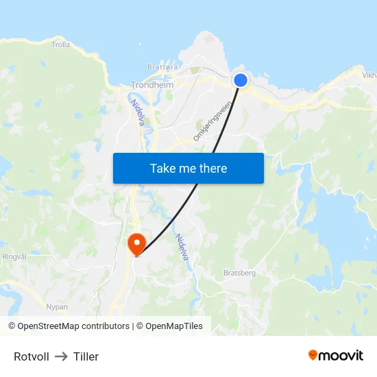 Rotvoll to Tiller map