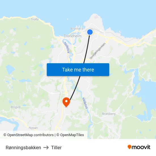 Rønningsbakken to Tiller map