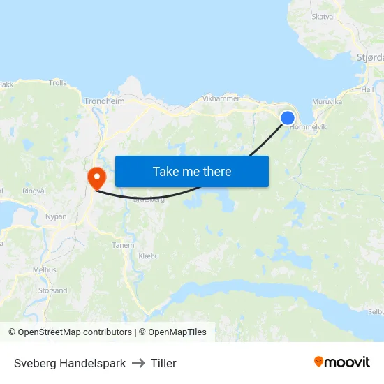 Sveberg Handelspark to Tiller map