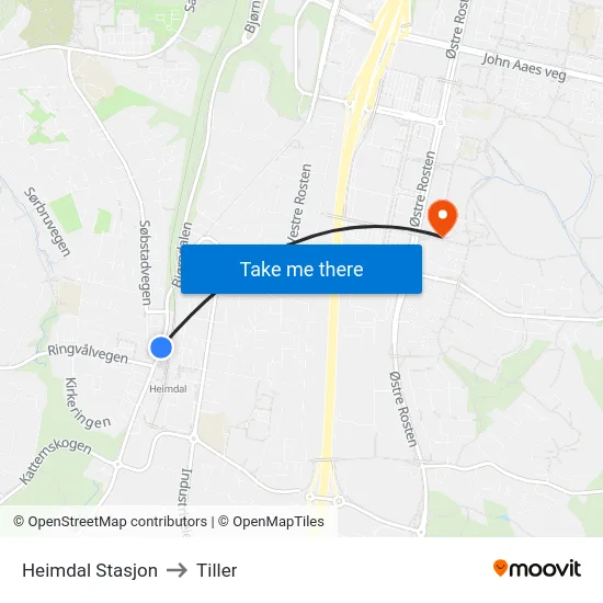 Heimdal Stasjon to Tiller map