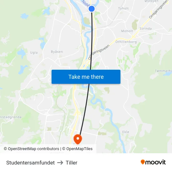 Studentersamfundet to Tiller map