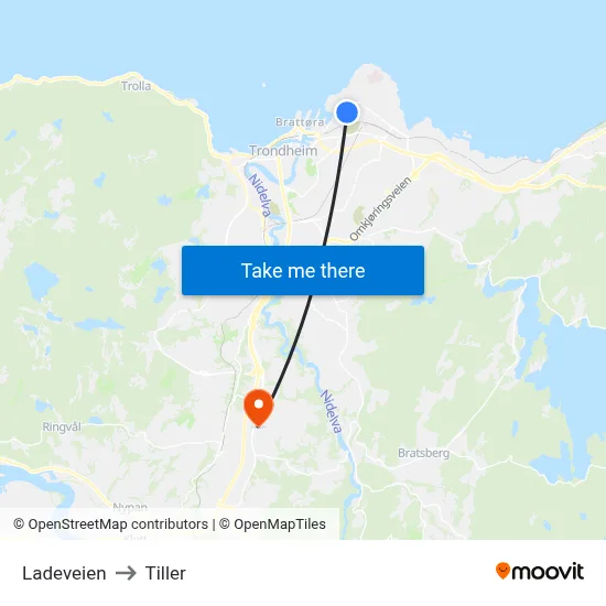 Ladeveien to Tiller map