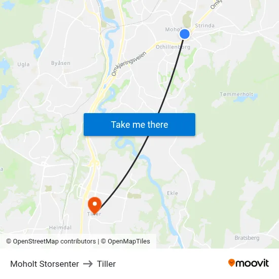 Moholt Storsenter to Tiller map