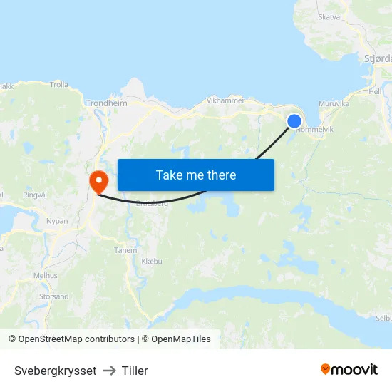Svebergkrysset to Tiller map
