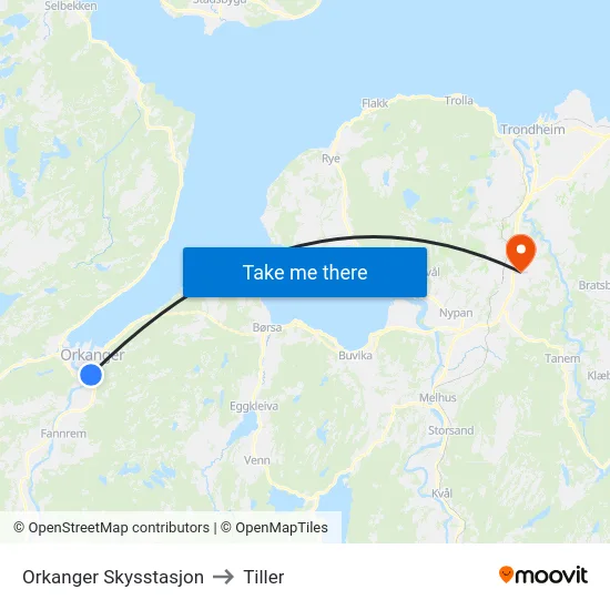 Orkanger Skysstasjon to Tiller map