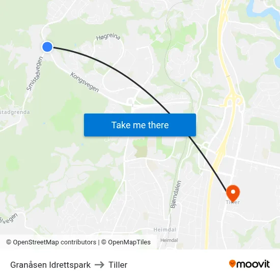 Granåsen Idrettspark to Tiller map
