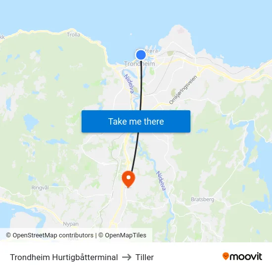 Trondheim Hurtigbåtterminal to Tiller map