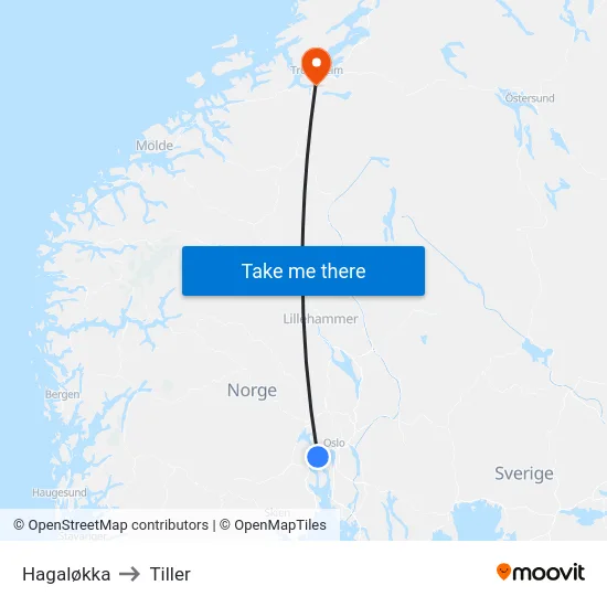 Hagaløkka to Tiller map
