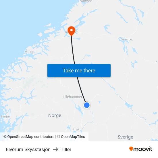 Elverum Skysstasjon to Tiller map