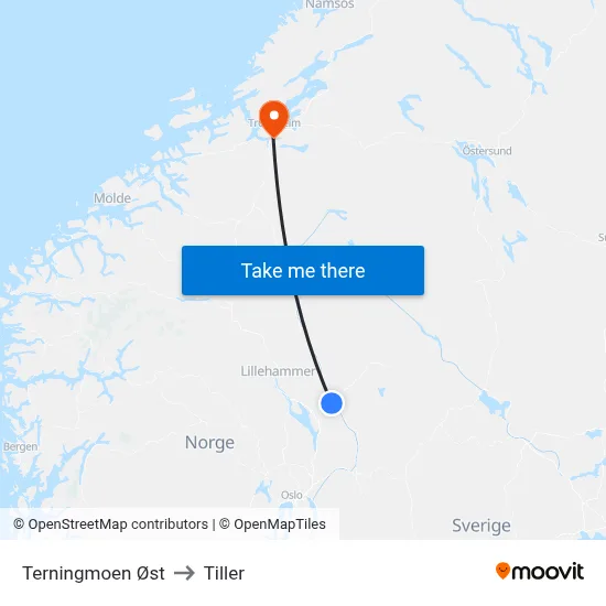 Terningmoen Øst to Tiller map