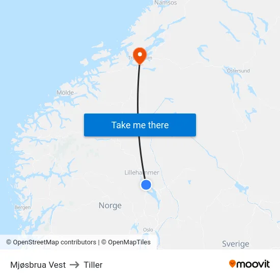 Mjøsbrua Vest to Tiller map