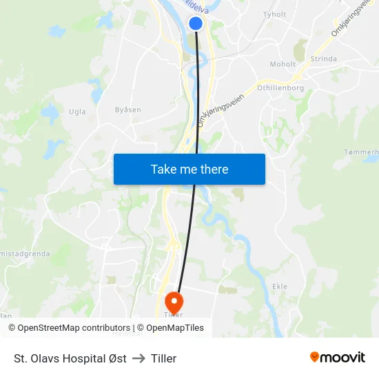St. Olavs Hospital Øst to Tiller map