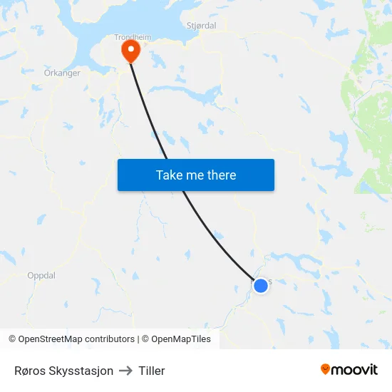 Røros Skysstasjon to Tiller map