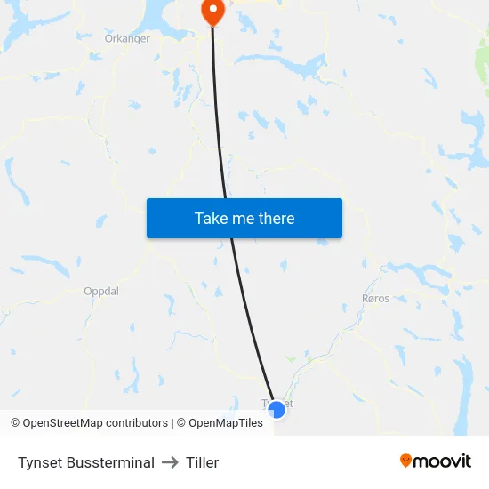 Tynset Bussterminal to Tiller map