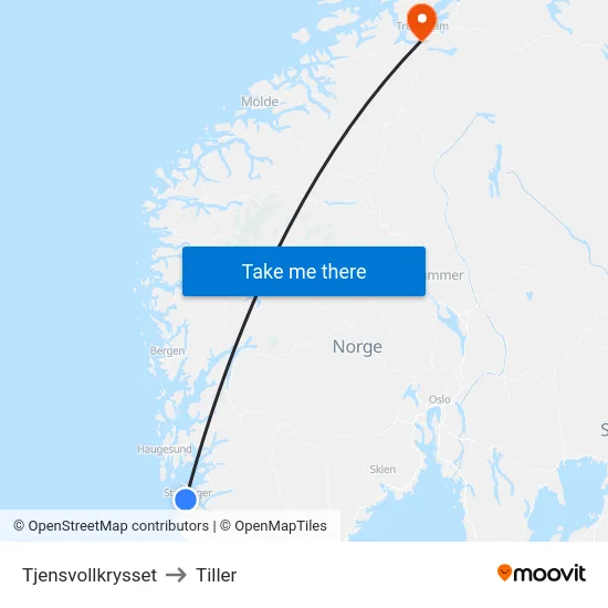 Tjensvollkrysset to Tiller map