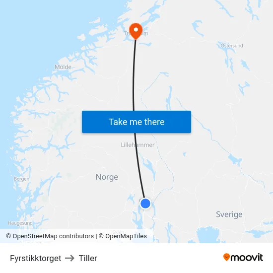 Fyrstikktorget to Tiller map
