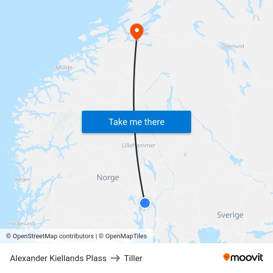 Alexander Kiellands Plass to Tiller map