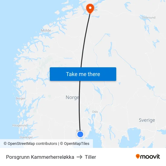 Porsgrunn Kammerherreløkka to Tiller map
