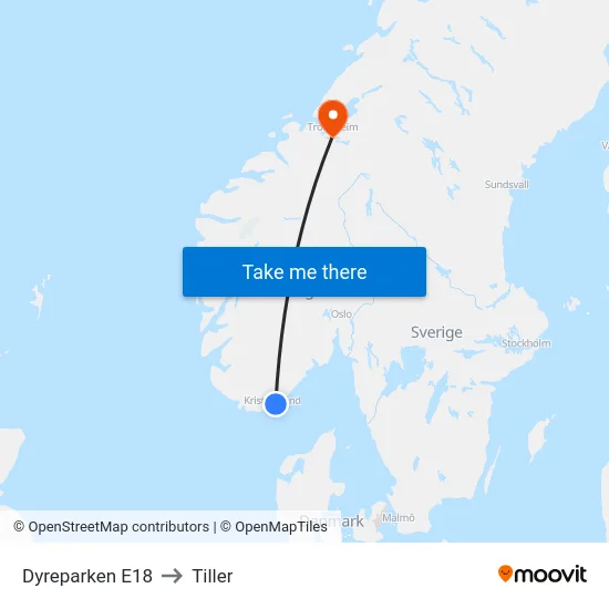 Dyreparken E18 to Tiller map