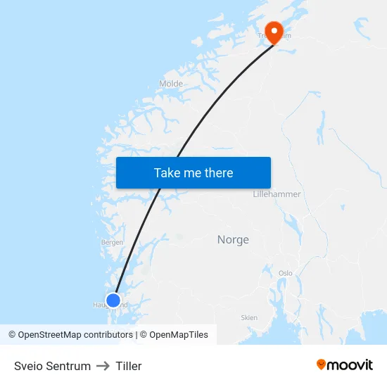 Sveio Sentrum to Tiller map